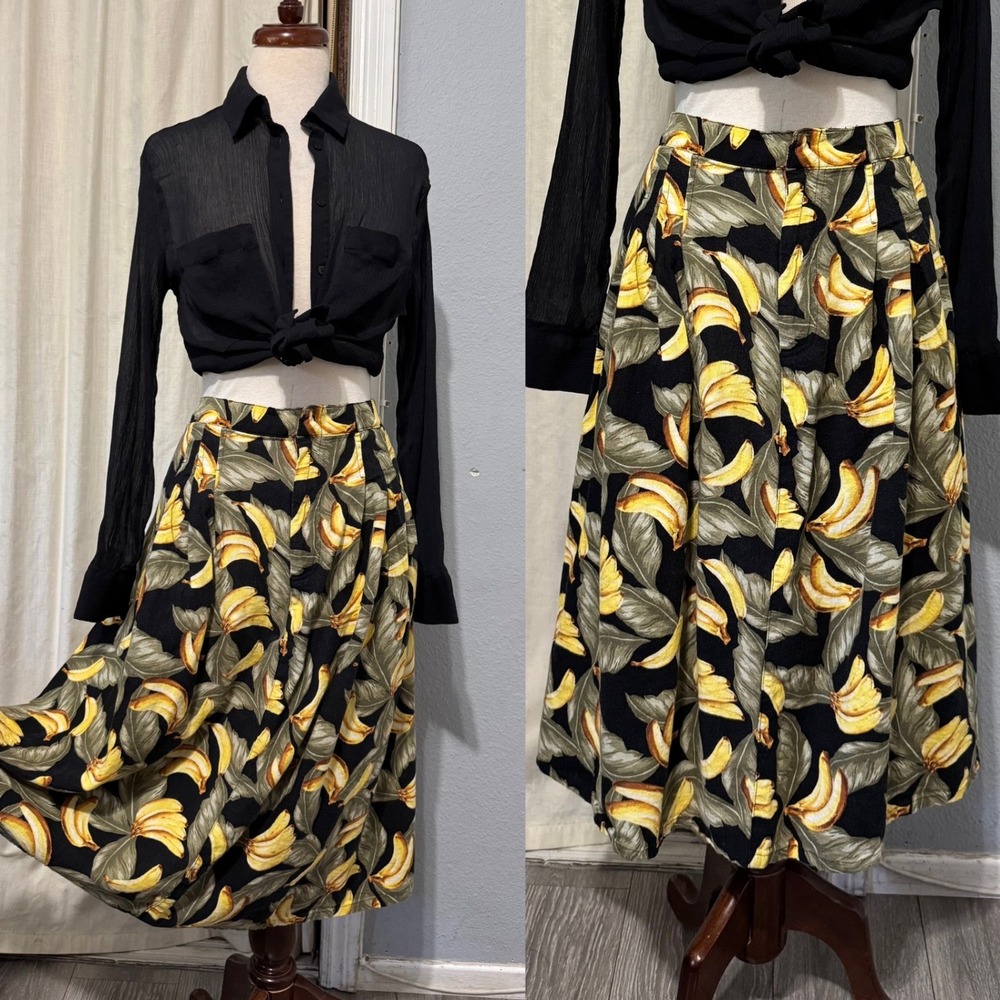 Novelty Midi Skirt 3X Banana Tropical Leaf Print Linen Blend Black Yellow
